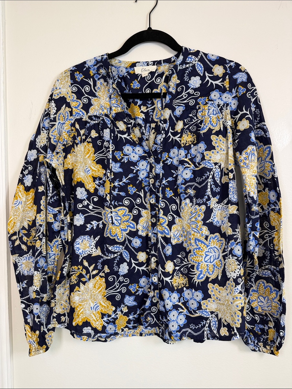 ELAN Navy Floral Cotton Blouse Medium Boho Paisley Button Front Long Sleeve